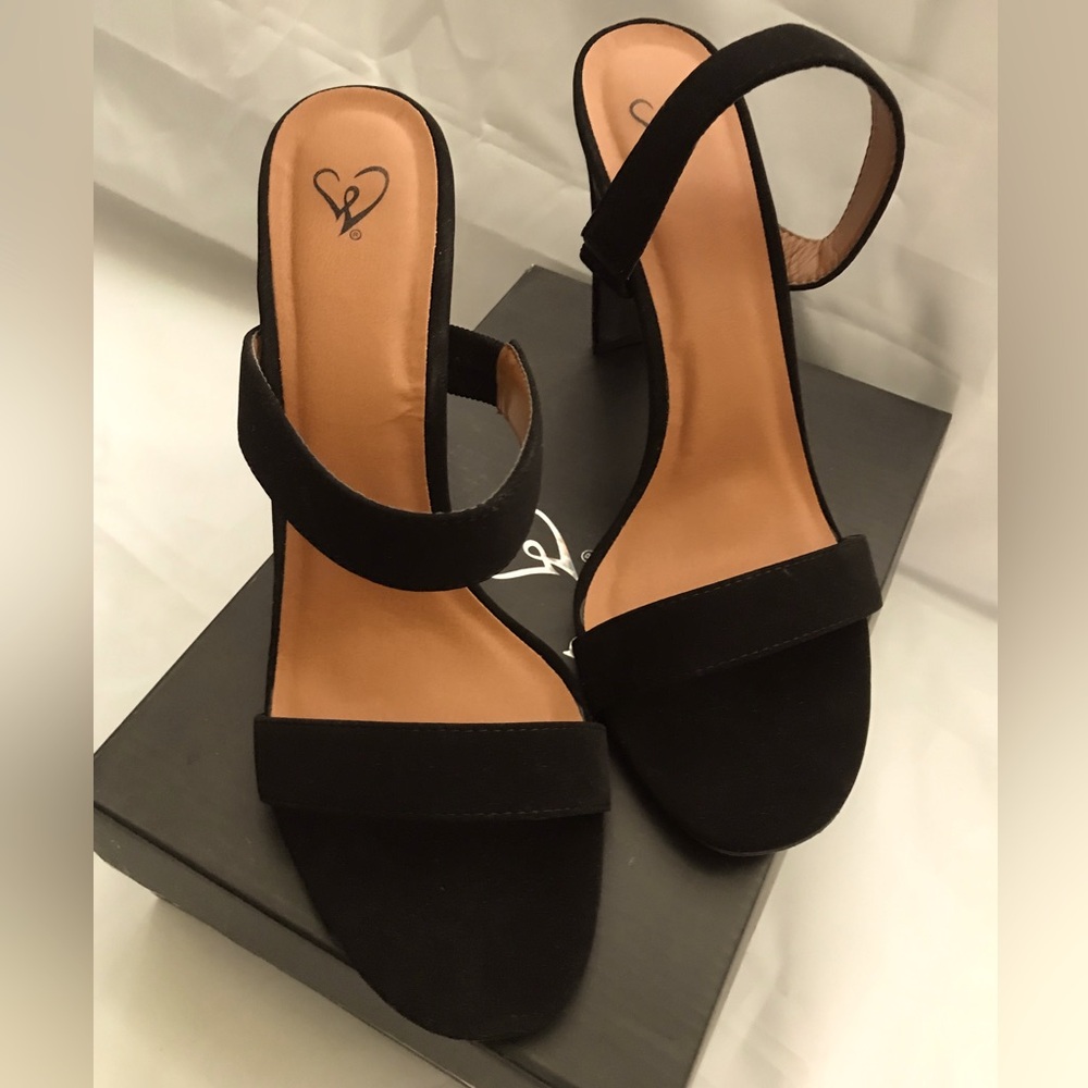 Windsor, black, faux suede, open toe, high heels shoes.
